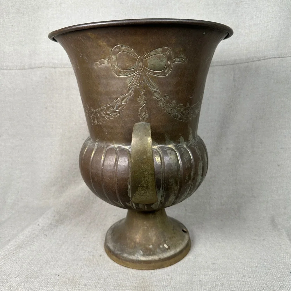 Vintage Brass Bow and Garland Urn Vase Footed Planter with Handles Patina‎